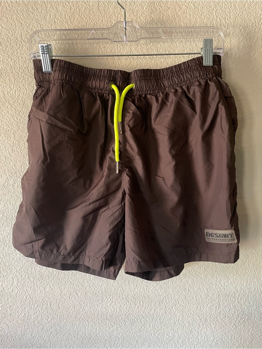 Men's Brown Swim Trunks with Neon Yellow Drawstring